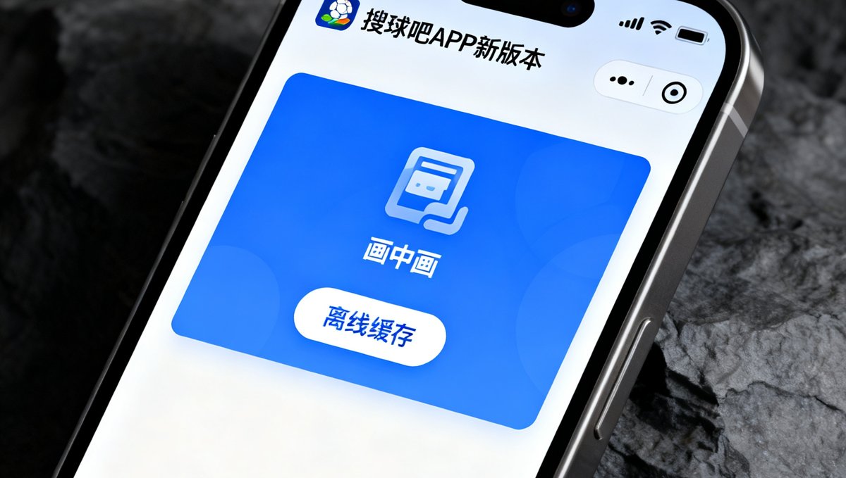 手机屏幕展示搜球吧APP新版本界面，突出画中画模式和离线缓存功能的入口位置