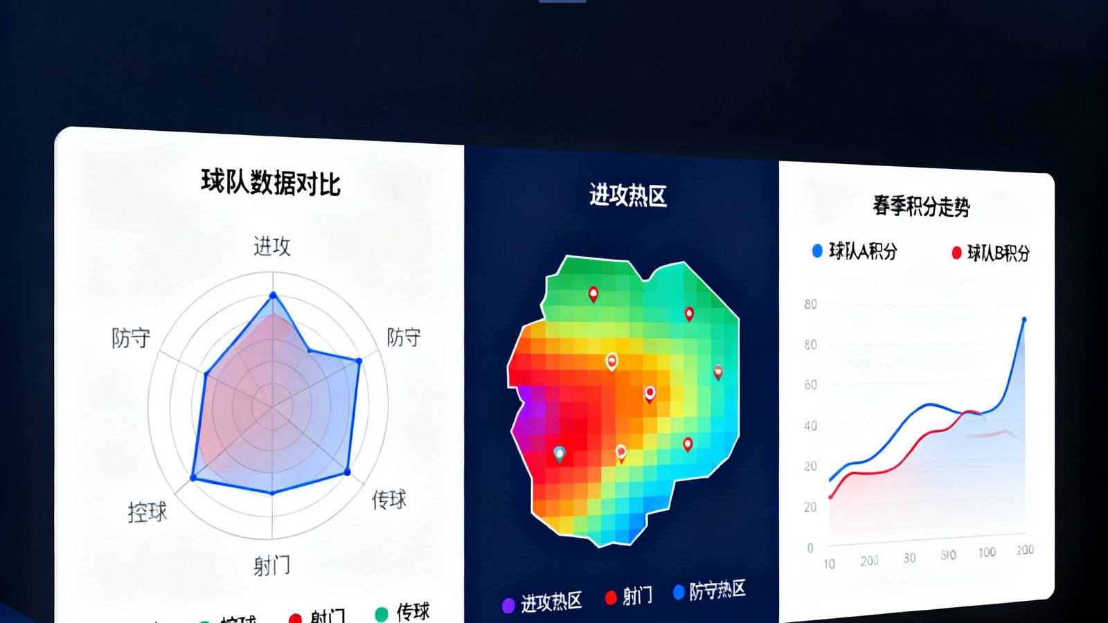搜球吧数据可视化界面展示两支球队的详细数据对比，包含雷达图、热区分布和赛季积分走势曲线，界面设计现代且信息层次分明